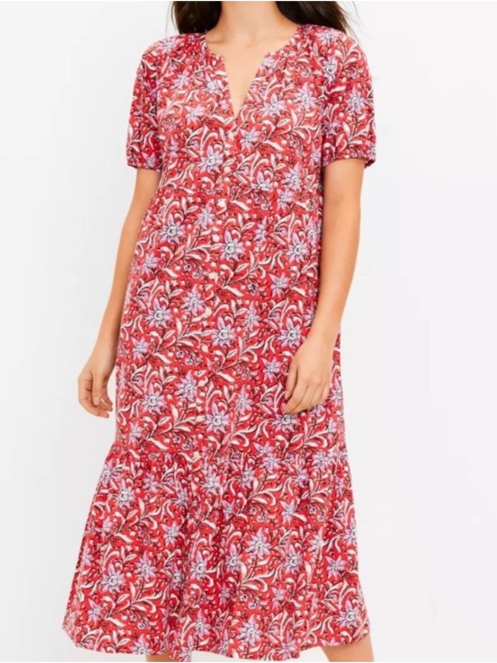 LOFT Red Floral V-Neck Tiered Pocket Midi Dress L Petite